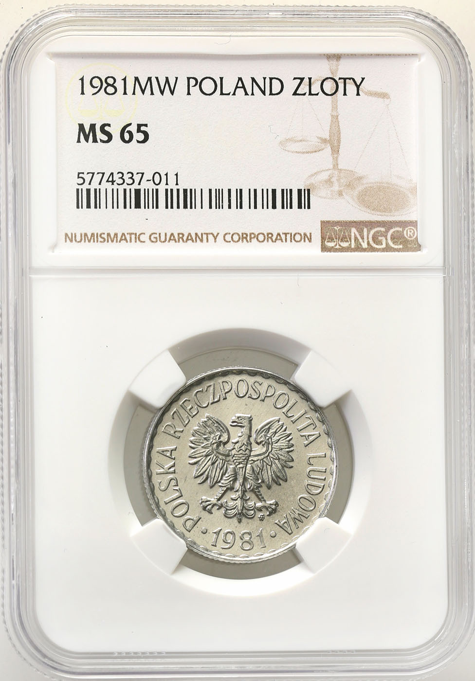 PRL. 1 złoty 1981 aluminium NGC MS65